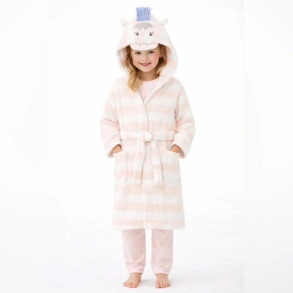 Joules Plush Hooded Kids Robe in Pale Pink & White Stripe