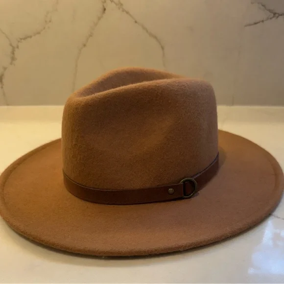 Artisan NY Classic Fedora Hat 100% Wool Tan Brown Faux Leather Adjustable Size