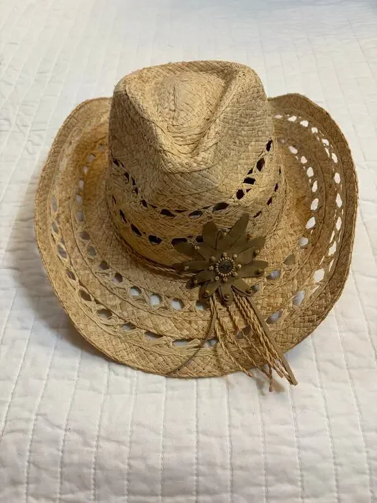 Peter Grimm Straw Western Cowboy Hat - NWOT Open Weave Floral Sun Hat O/S