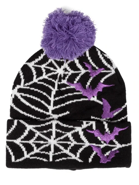 Black & Purple Spiderweb Pom Beanie