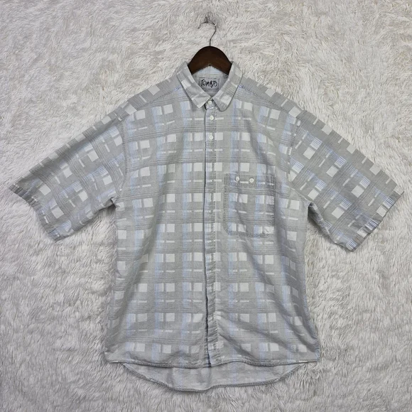 Vtg Tomato Mens XL Gray Plaid Grid Check‎ Hidden Button Up Shirt 90s Y2K Skater