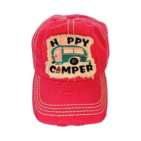 KBETHOS Vintage Happy Camper Distressed Baseball Cap Hot Pink Embroidered Hat