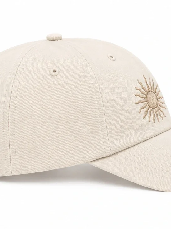 🌞 Sun Embroidered Beige Baseball Cap Neutral Adjustable Velcro Strap Summer Hat