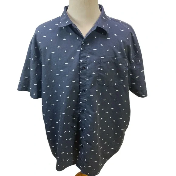 MOLOKAI SURF Men's 3XL Navy Blue Shark‎ Sailboat Short Sleeve Button Down Shirt
