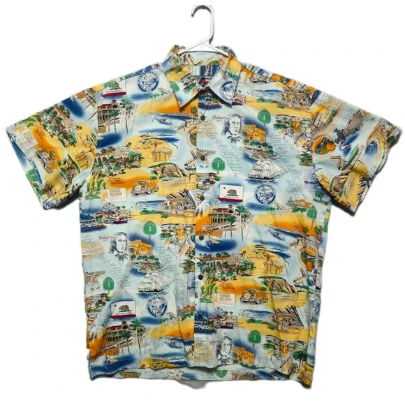 HIGH SEAS Trading Co‎ Mens Large Southern California Beach Print Hawaiian Shirt
