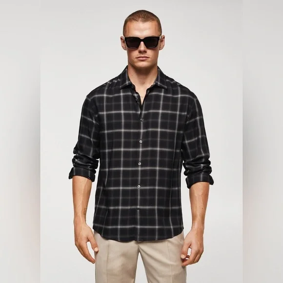 Mango MNG Men's REGULAR-FIT WINDOWPANE SHIRT 100% Viscose
