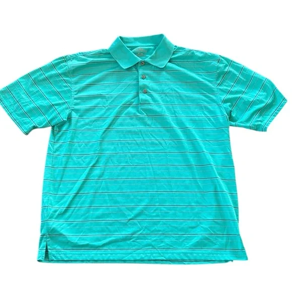 PGA Tour Aqua Blue and Black Striped Golf Polo‎ Shirt Size XL