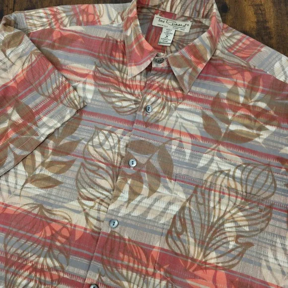 Tori Richard Men's M Cotton Lawn‎ Tropical Leaf Print Button Up Shirt Red Biege