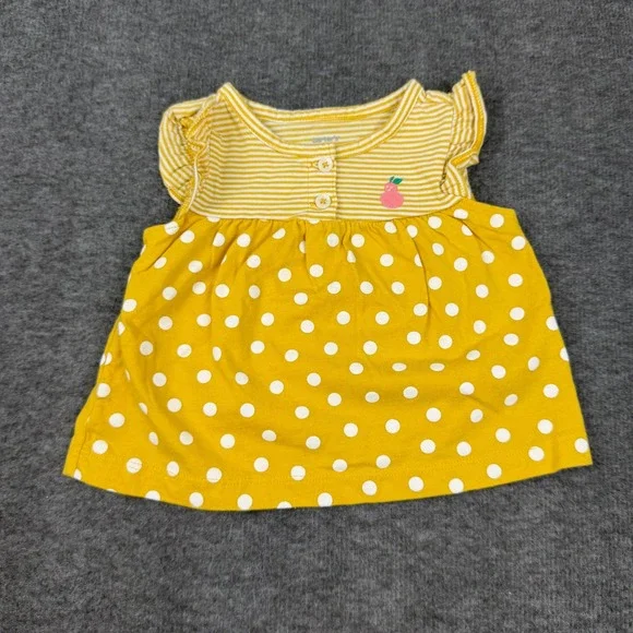 Carter's Top Baby Girl 9M Yellow Polka Dot Striped Flutter Sleeve‎ Pear Accent