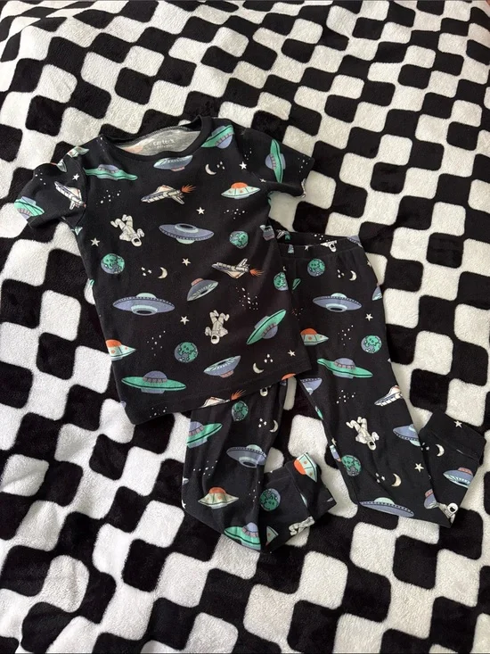 Kids Black Space UFO Pajama Set - Rocket & Astronaut Print