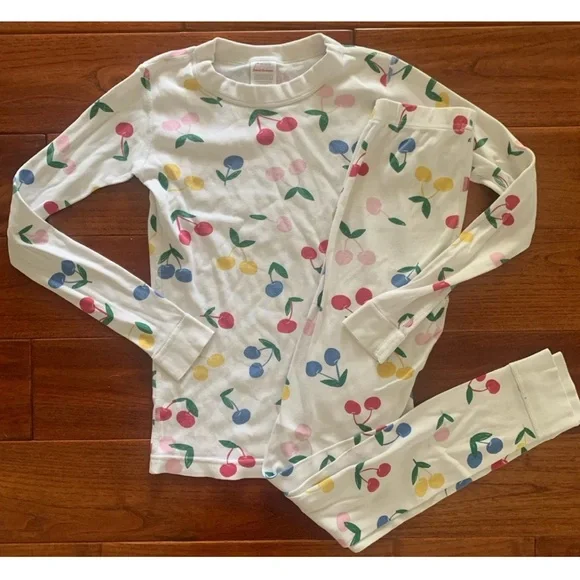 Hanna Andersson Pajama Set Top & Bottom Girls Size 10 Cotton pjs Ivory Cherries