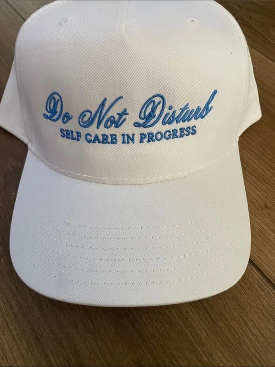Do Not Disturb Embroidered Baseball Cap - White with Blue Text