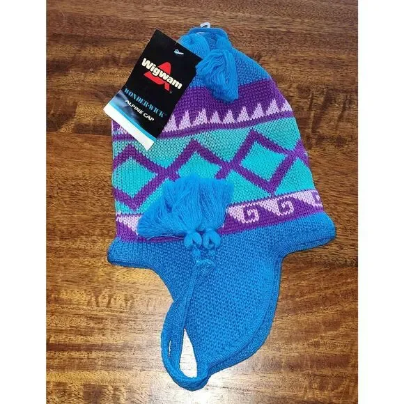 Wigwam Hat Cap Alpine Womens Purple blue Wonder Wick Wool Beanie Made USA Winter