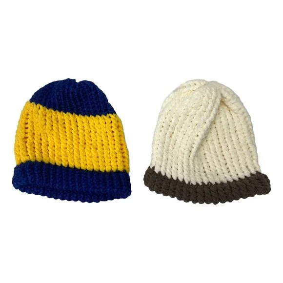 Handmade Knitted Hats Blue And Gold Cream And Brown Stretch Michigan Colors