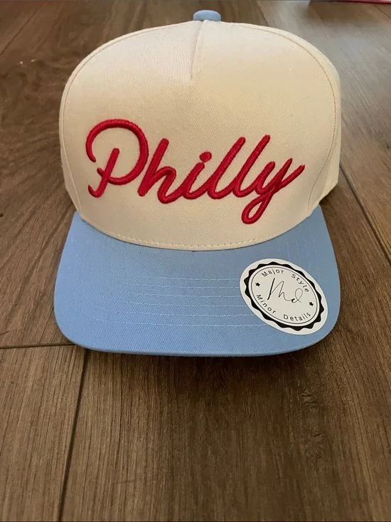 Philly Script Snapback Hat - Cream Crown with Light Blue Brim