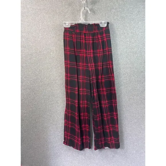 Classic Red &‎ Black Plaid Wide Leg Pants Tartan Check Pattern Elastic Waist