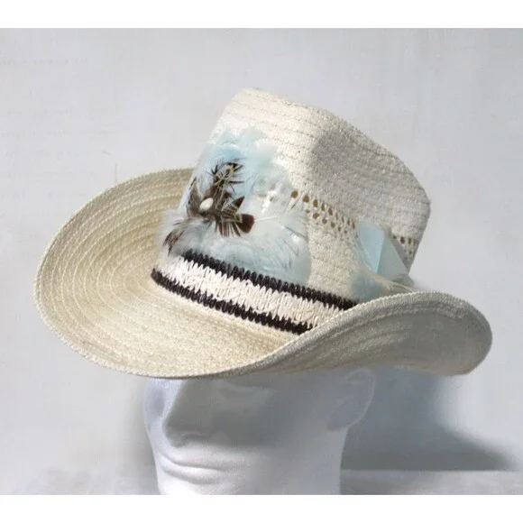Cowgirl Hat, Tan Straw Rancher Feather Brim Trim White Tan Medium 6 7/8
