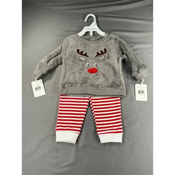 NWT Emporio Baby Reindeer Plush Top and Striped Pants 2PC Set Gray Red 6-9M