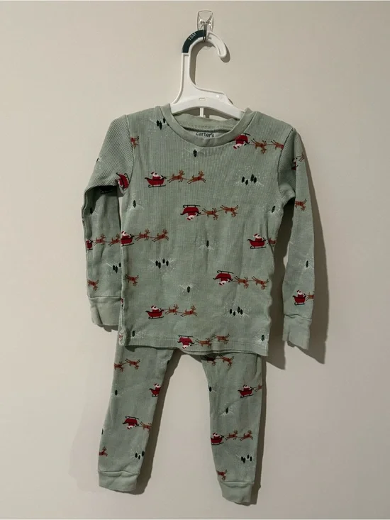 Carter's Light Sage Green Santa & Reindeer Pajama Set