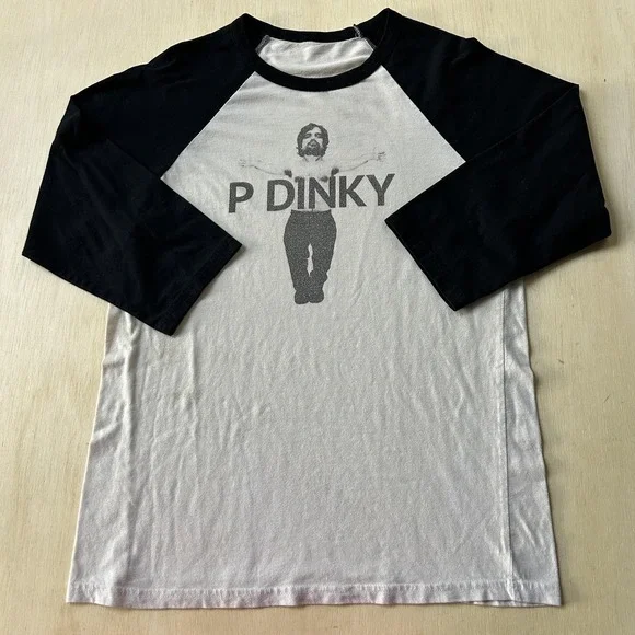 P Dinky Raglan Shirt Mens Small White Black 3/4 Sleeve Graphic Tee T-Shirt