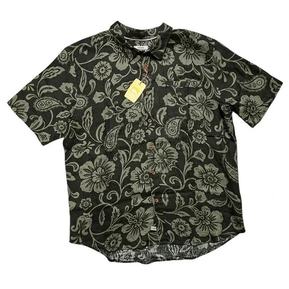 NWT Quiksilver Waterman Shirt S/S Mens 2XL Linen‎ Green Floral Paisley MSRP $65