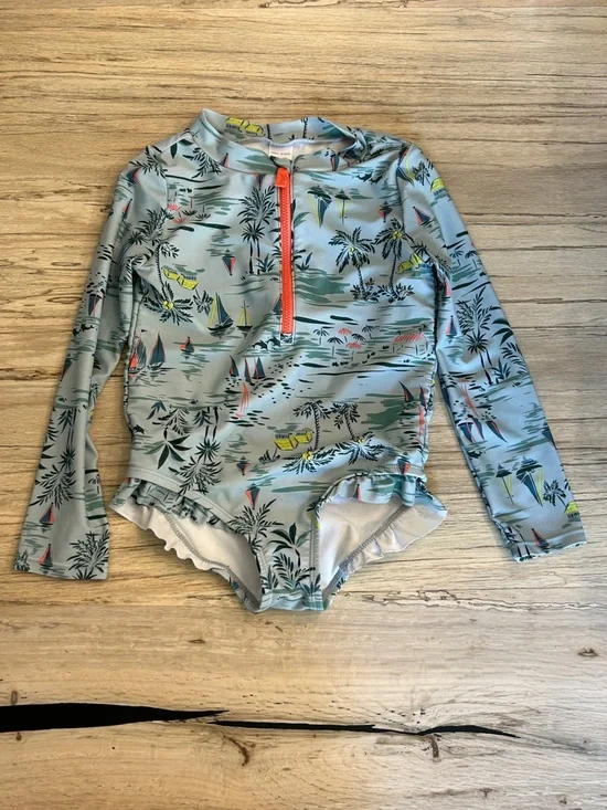 Girls' Light Blue Tropical Print Rash Guard Swimsuit