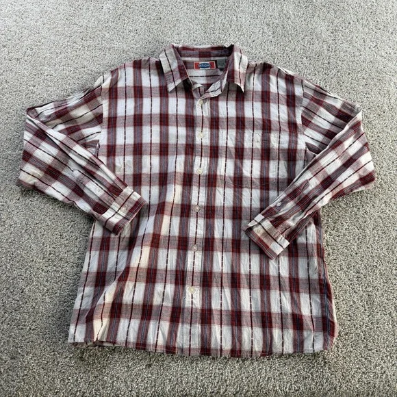Vintage Red Plaid Shirt Mens Large Long Sleeve Button Up Lightweight Cotton