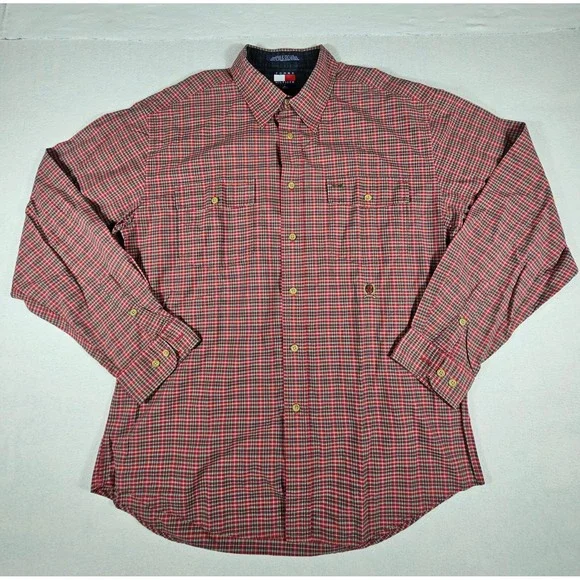 Tommy Hilfiger Mens XL Red Plaid Button Down Shirt Long Sleeve Crest Logo Cotton