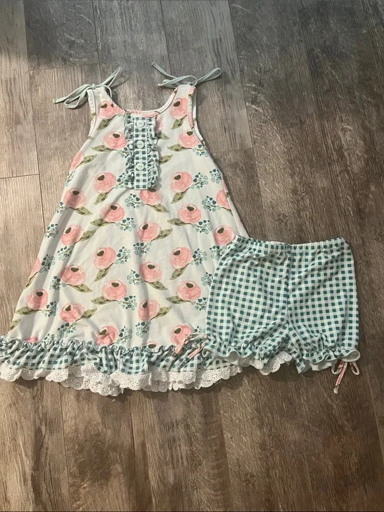 SweetHoney Pink Floral Tie-Shoulder Pajama Set with Teal Gingham 5y