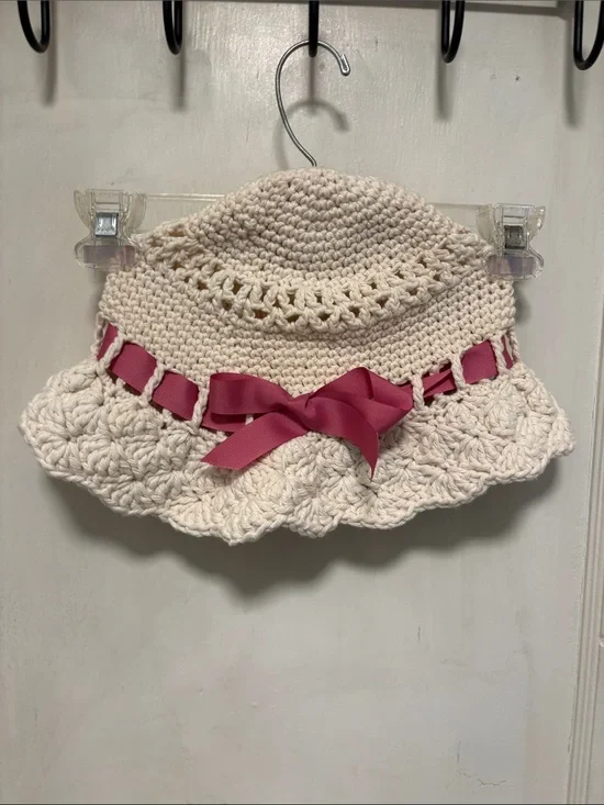 Cream Crochet Sun Hat with Pink Ribbon