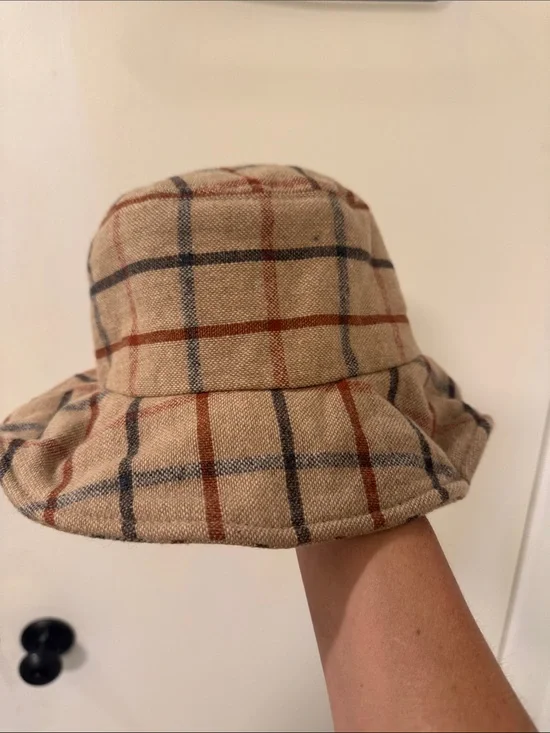 Beige Plaid Wool Blend Bucket Hat - Casual Women's Hat