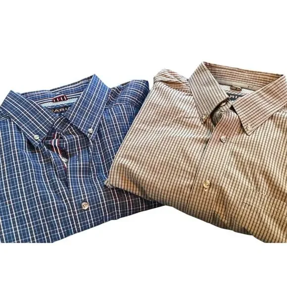 Ariat Pro Series Mens XL Button Down Shirt Lot 2 Blue Plaid Tan Check‎ Western