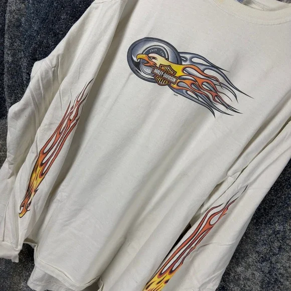 Vintage Harley-Davidson Long Sleeve Shirt Mens XXL Cream 2002 Flame Eagle‎ Biker