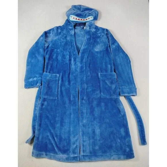 L.L.Bean Robe Kids Large 14-16‎ Blue Fleece Shark Hooded Belted Bath Robe Lounge