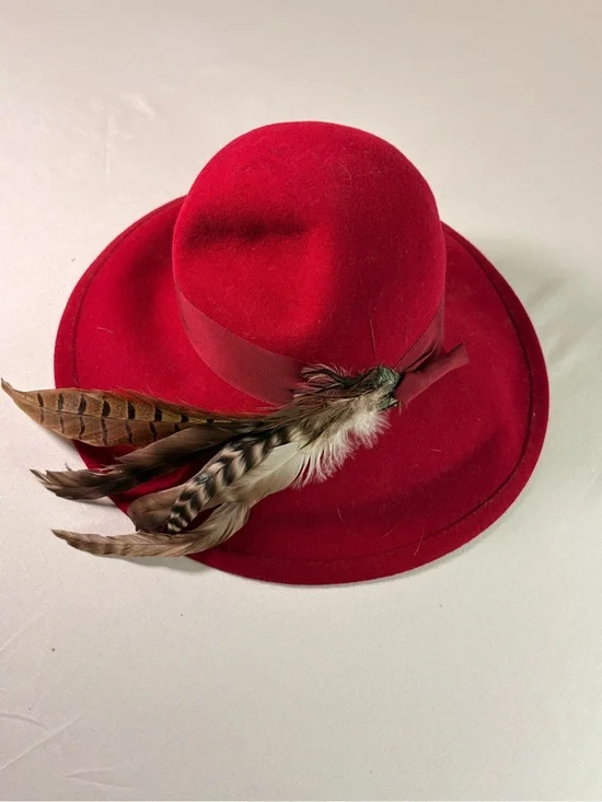 betmar Red Felt Fedora with Ribbon and Feather Accent