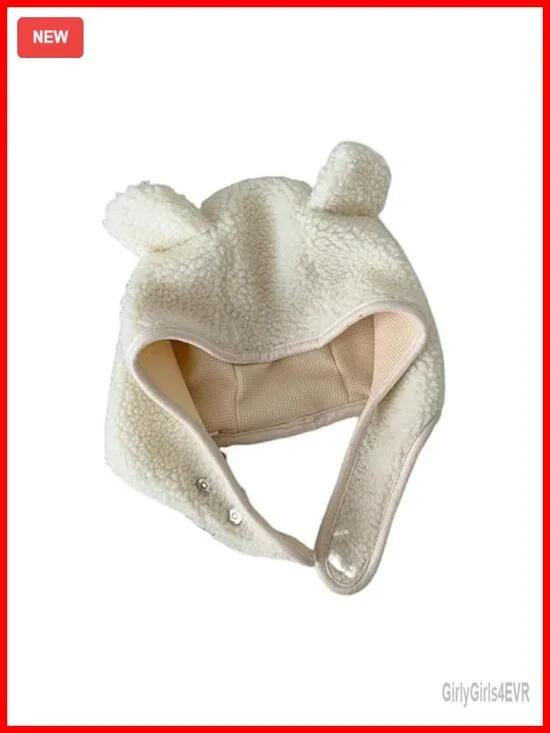 Fleece Beanie Hat with Magnetic Buckle Ear Projection Cute Bear Design