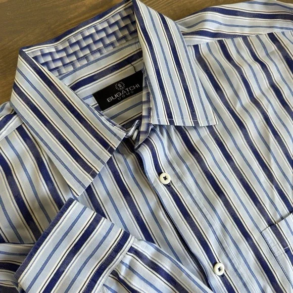 Bugatchi Uomo Men's XL Blue White Stripe Long Sleeve‎ Button Up Shirt Collar Top