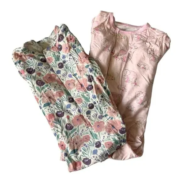 Two Magnetic Me Floral & Pink Elephants Footie Sleepwear Modal Size 9-12 & 12-18