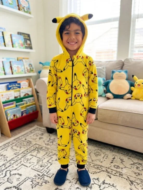Pokemon Pikachu Fleece One-Piece Pajamas Size 8 Yellow Hooded Jumpsuit