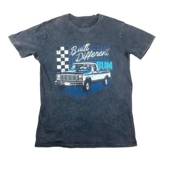 Rum Mens Built Different Truck Graphic T Shirt Acid Wash Charcoal Gray Small‎