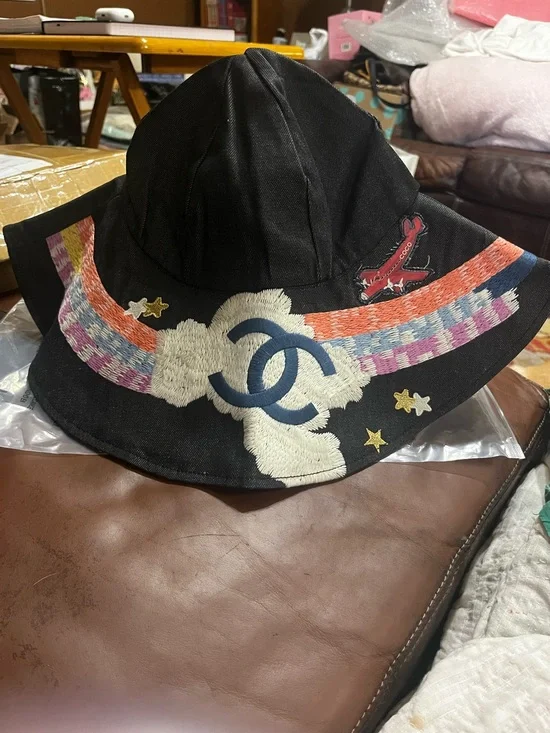 ChaneI Black Night Flight Embroidered Wide Brim Hat Rare HTF