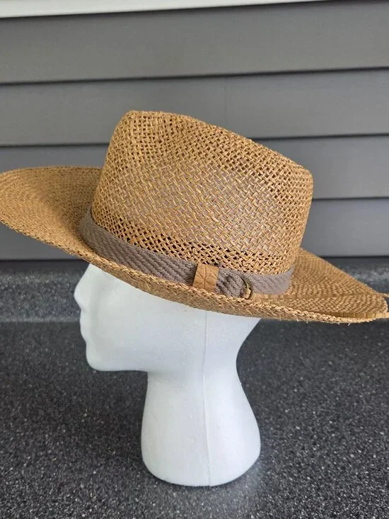 Straw hat with gray fabric band Wide 3