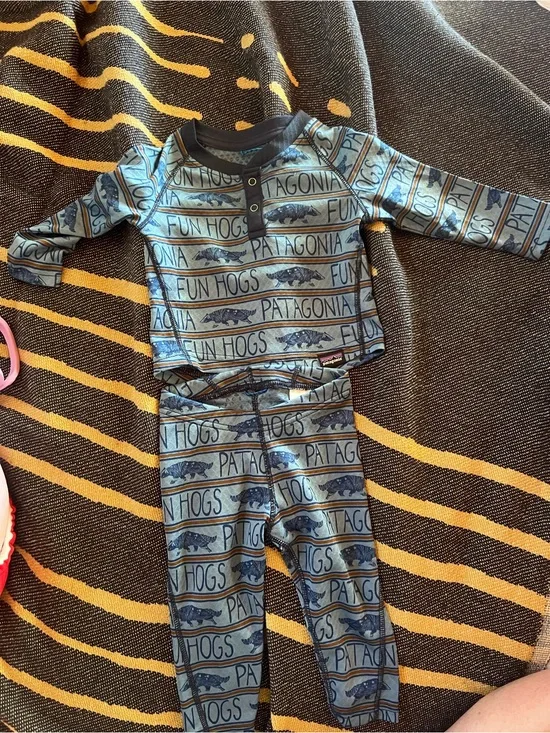 Patagonia Blue Striped 'Fun Hogs' Kids Capilene Set