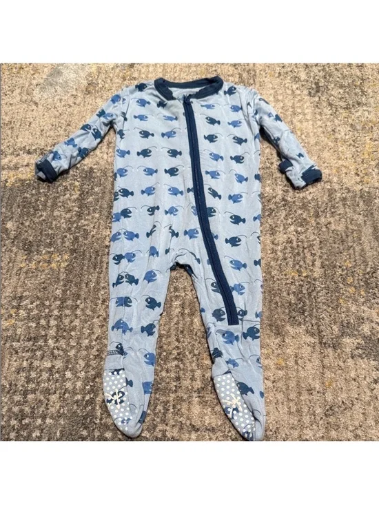 Kickee Pants Blue Fish-Print Footed Pajamas