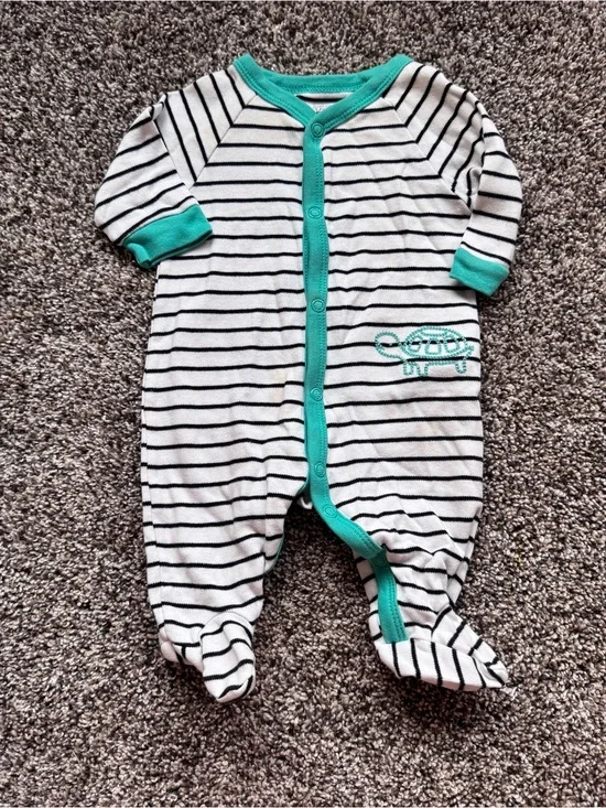 Striped White and Teal Infant Footed Pajamas