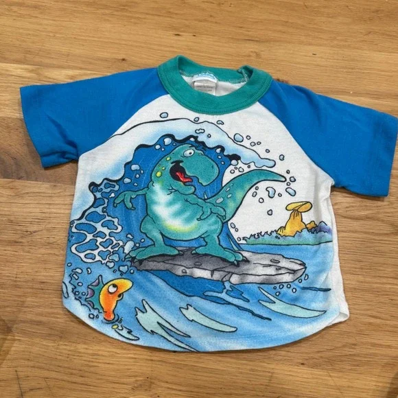 Vintage Carters Surfing Dinosaur T Shirt Kids 4R Blue Raglan Made in USA 90s