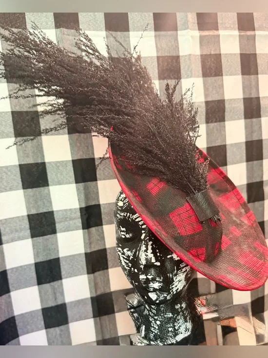 Red and Black Plaid Fascinator Hat with Feather Trim