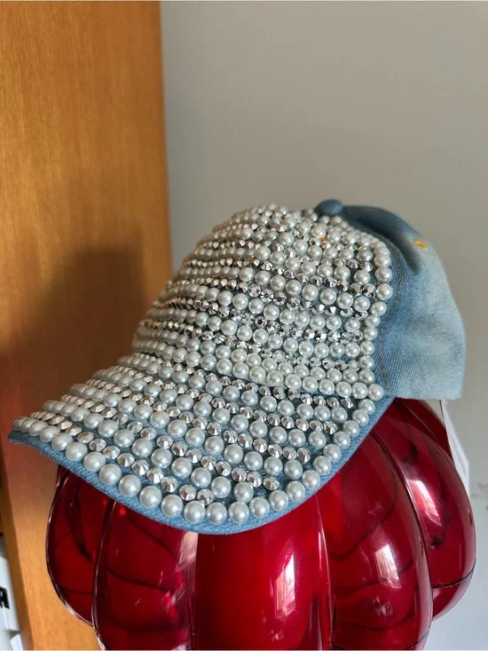 Pearl Studded Denim Hat, Adjustable Size — NWT