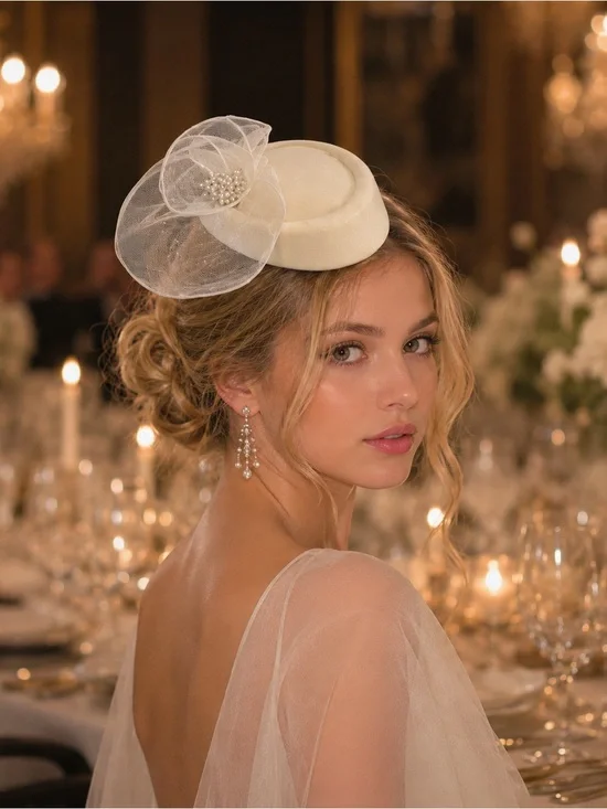 Ivory Floral Fascinator Pillbox Hat with Pearl Center