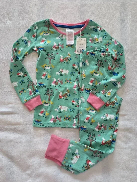 NEW 4-5Y Mini Boden Girls Snug Long John Pajamas, Farm Animals/Garden